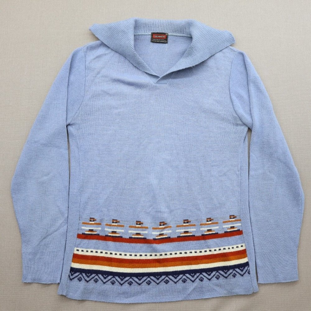 VTG 60s 70s Drummond Sweater XL Striped Aztec Southwestern Orlon Acrylic Blue